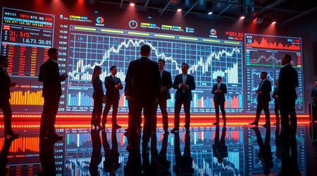 Silhouettes of business people in front of a monitor with charts and graphs