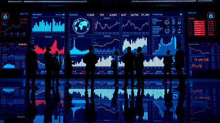 Silhouettes of business people in front of stock market infographs