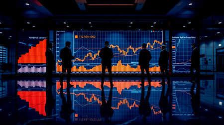 Silhouettes of business people and stock market data on the wall