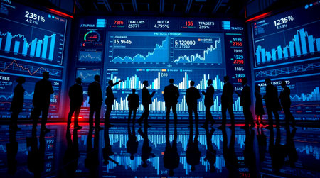 Silhouettes of business people and stock market data on digital screen