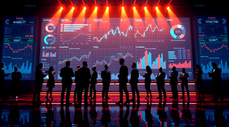 Silhouettes of business people standing in front of a glowing forex chart
