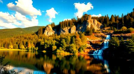 Autumn landscape with mountain lake, pine forest and blue sky with clouds