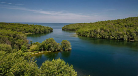 Panoramic view of the river and forest on a sunny dayの写真素材