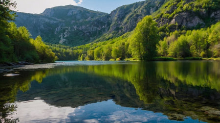 Reflection of trees in the water of a mountain lake. Beautiful summer landscape.の写真素材