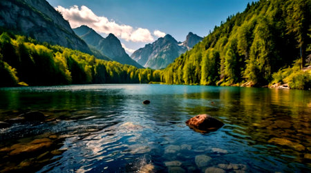 Panoramic view of a mountain lake with crystal clear water.