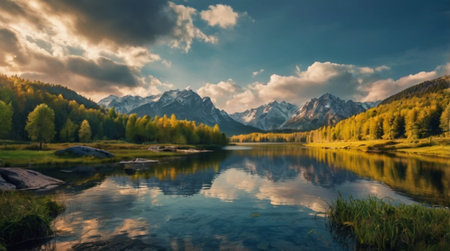 Beautiful alpine lake with reflection of mountains and clouds at sunsetの写真素材
