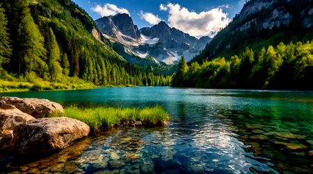 Panoramic view of the lake in Dolomites, Italyの写真素材
