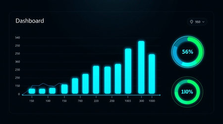 Illustration of a bar chart with blue lights on a black background