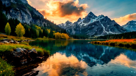 panoramic view of alpine lake with reflection in water at sunsetの写真素材