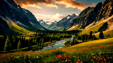 Panoramic view of beautiful mountain landscape with river and poppiesの写真素材