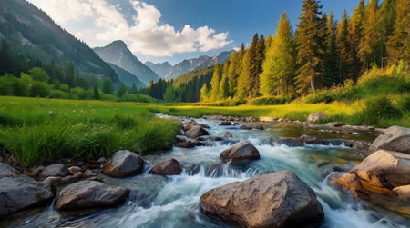 Mountain river in the Dolomites. Panoramic viewの写真素材