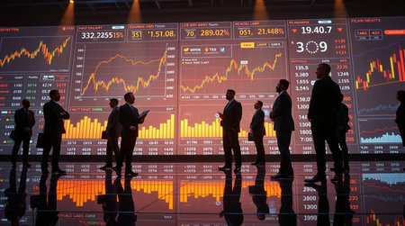 Silhouette of business people standing in front of a monitor of stock market data