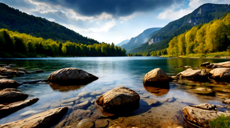 Beautiful mountain lake with clear water and rocks in the foreground. Summer landscape.