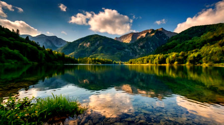 panoramic view of alpine lake in summer, Bavaria, Germany