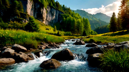 Mountain river in the Alps. Beautiful summer landscape with a mountain river.
