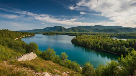 Panoramic view of the turquoise lake in the mountains.の写真素材