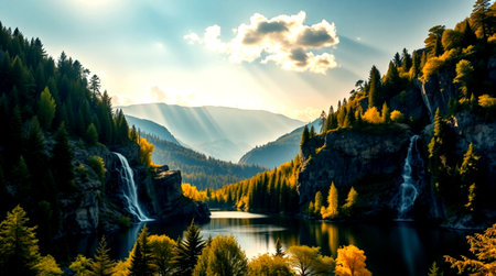 Autumn alpine landscape. Waterfall in the mountains at sunset.