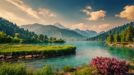 Panoramic view of idyllic alpine mountain lake. Picturesque summer landscape. Beauty world.の写真素材