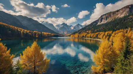 Autumn alpine lake with reflection of mountains in the water.
