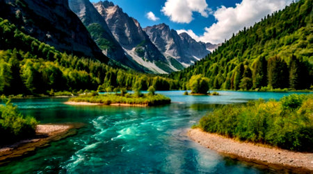 Mountain river with clear turquoise water and high mountains in background