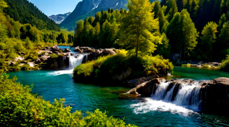 Waterfall in the mountains. Beautiful landscape of the mountains and the river.の写真素材