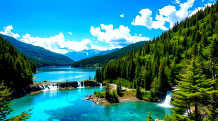Tranquil scene of turquoise lake surrounded by green forestの写真素材