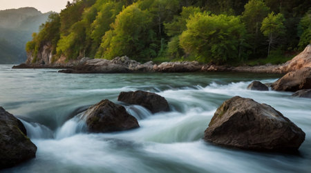 Mountain river with rapids and stones. Mountain river landscape.