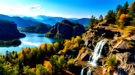 Autumn landscape with a waterfall in the mountains. Colorful autumn landscape.の写真素材