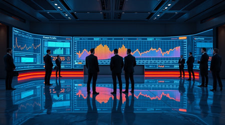 Group of business people in front of stock market screen. 3D rendering