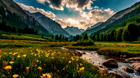 panoramic view of alpine meadow with wildflowers on foreground