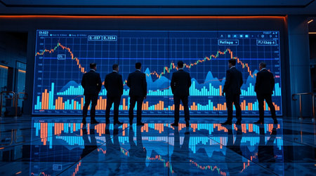 Silhouettes of business people standing in front of a stock exchange chart