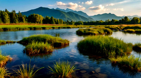 Sunset on the river in the mountains. Beautiful summer landscape.