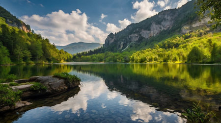 Panoramic view of a beautiful mountain lake with reflection in the waterの写真素材