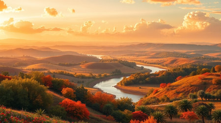 Beautiful autumn landscape with river and hills at sunset. Nature backgroundの写真素材