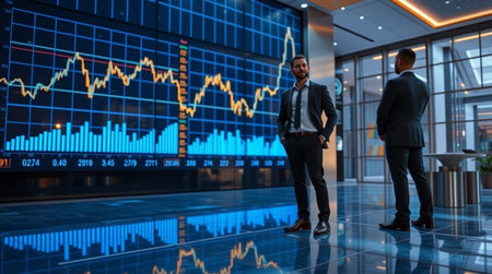 Businessmen in suits standing in modern office with forex chart.