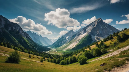 Panoramic view of Dolomites mountains in summer, Italyの写真素材