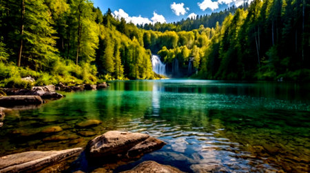 Beautiful view of alpine lake with clear water and waterfall.