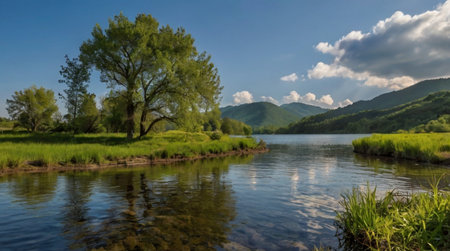 Beautiful summer landscape with a river and a tree in the foreground