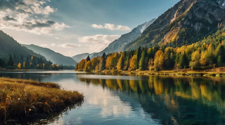Panoramic view of autumn alpine lake and mountains with reflection in waterの写真素材