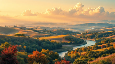Autumn landscape with river and hills in Tuscany, Italyの写真素材
