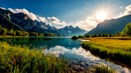 Panoramic view of alpine lake in summer, Austria.の写真素材
