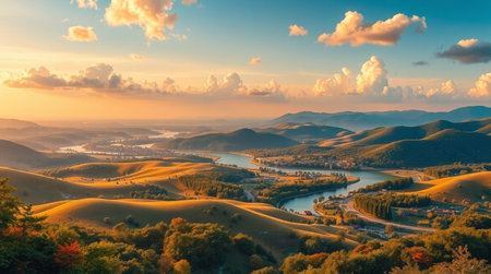Panoramic view of Tuscany landscape at sunset, Italyの写真素材