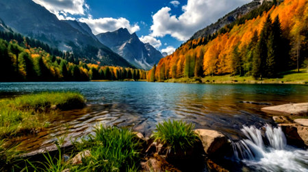 Panoramic view of a mountain lake in autumn, Bavaria, Germany