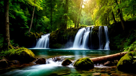 Beautiful waterfall in green summer forest. Waterfall in deep forest.の写真素材