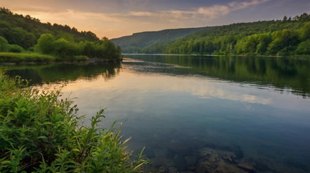 Beautiful landscape of the river and forest in the summer at sunsetの写真素材