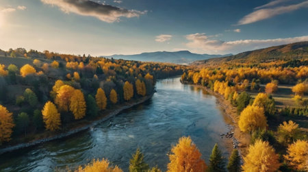 Aerial view of the autumn forest and the river. Beautiful landscape.の写真素材