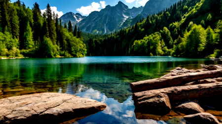 reflection of the mountains in the water of the alpine lakeの写真素材