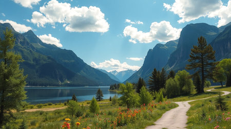 Beautiful summer landscape with lake, mountains and blue sky with clouds