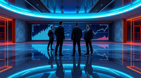 Businessmen in futuristic interior with glowing forex chart. 3D rendering