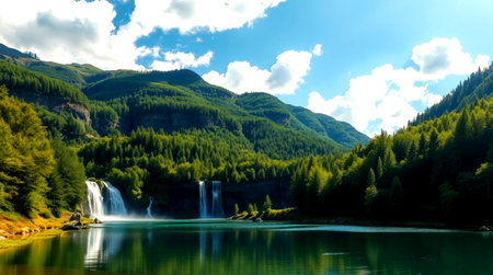 Waterfall in the mountains and green forest on a sunny summer dayの写真素材